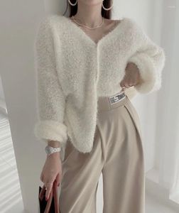 Malhas femininas de pele branca chique mohair camisola casual feminino com decote em v moda simples solto malha cardigan casaco exterior primavera outono pano superior