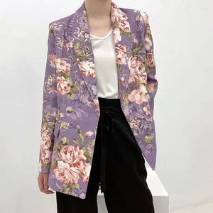 Kvinnors kostymer våren Autumn 2023 Vintage Flowers Printing Blazer Women Purple Double Breasted Casual Mid-Längd Long Sleeve Suit Jacket