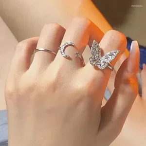 Anéis de cluster moda prata cor borboleta zircão aberto para mulheres simples metal estrelas lua folha ajustável anel de dedo jóias