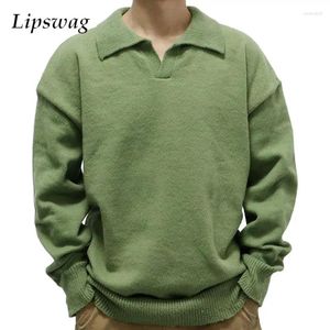 Erkek Sweaters 2023 Sonbahar Kış Erkek Sıradan Sweater Polo Gömlek Örgü Dönüşü Yatak Uzun Kollu Moda Moda Düz Renk Örgü Jumpers