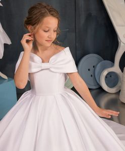 Girl Dresses Flower Dress White Satin Bow Off Shoulder Trailing Sleeveless Wedding Elegant Child's Communion Birthday Party