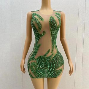 Bühnenkleidung Sexy grüne Strasssteine Nude Transparentes Kleid Geburtstag Feiern Durchsichtiges Outfit Abend Frauen Performance Poshoot