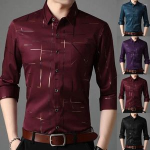 Camisas de vestido masculinas Top Homens Turn Down Collar Camisa Single-breasted Manga Longa Listras Roupas de Negócios Preto 3XL