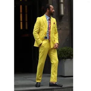 Men's Suits Fashion Luxury Bright Yellow For Men Peaked Lapel Double Breasted Trip Costume 2 Piece(Jacket Pants) Slim Fit Tailor Made