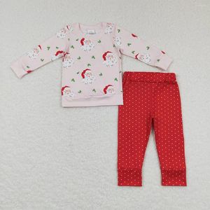 Комплекты одежды, оптовая продажа, осень-зима, Рождество, детский розовый комплект с Санта-Клаусом для маленьких девочек, детский наряд, пижамы для малышей