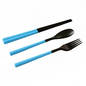 Dinnerware Sets Environmental Portable Folding Outdoor Travel Cutlery Flatware Fork Spoon Chopsticks Set With Case (Blue)