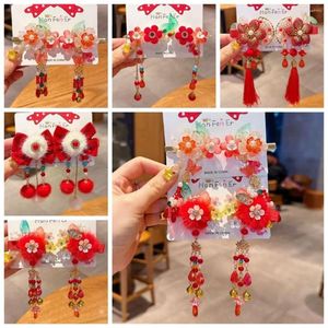 Acessórios de cabelo borla crianças laço vermelho hairpin doce flor de pelúcia ano chinês headwear pano antigo hanfu varas festa