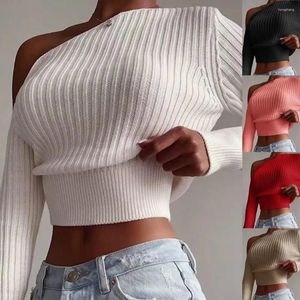 Kvinnors tröjor Kvinnor Sexig av axeltröja Fashion Solid Color Long Sleeve Ribbed Sticked Pullover Winter Jumper Casual Tops 2023