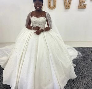 Luxury Ball Gown Wedding Dress 2024 Sheer Neck Long Sleeves Beads Crystal Bridal Gowns Long Train Vestidos De Novia Plus Size Custom Made
