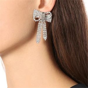 Dangle Earrings Ribbon Bow Silvery Color Drop For Women Silver Needle Earring Rhinestone Ear Stud Pendientes Wholesale