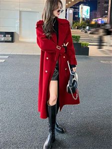 Women's Trench Coats Red Autumn Winter Wool Coat Clothing Solid Color Lapel Lace-up Double Breasted Loose Mid-length ZM185