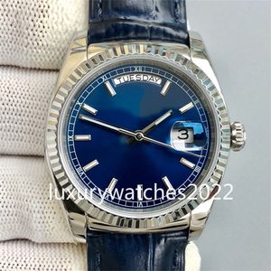 Real Photo 36mm Watch Lether Strap Day Automatic Date Watches Sapphire Mirror Fluted Bezel President Watches Original Box