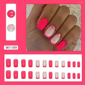 Falsche Nägel 24 Stück Aurora Long Square Crush Flowers Rose Red French Fake Full Cover Press On Nail Tips