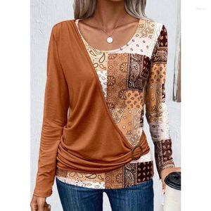 Koszule damskie luźne kontrastowe kolorowe patchwork okrągły szyja Tshirt dla kobiet 2023 Autumn Printed Casual Done Mleved T-shirt