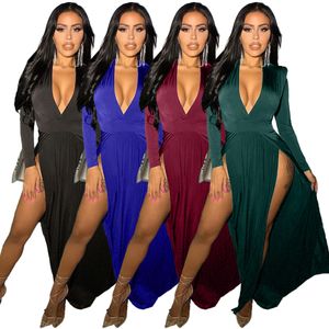 Sexy Deep V Evening Dress Women High Split Long Maxi Dresses Party Wear Free Ship