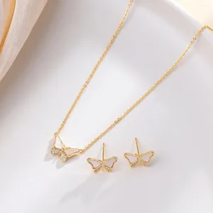 Necklace Earrings Set Women Butterfly Jewelry Mother Of Pearl Zircon Pave Pendant Clavicle Chain 2 Pc For Girl Lover Anniversary Gift