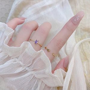 Cluster Rings 14K Real Gold Design Purple Zircon Love Open Ring Noble Temperament Ladies Jewelry For Girlfriend Holiday Birthday Gift