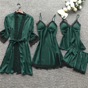 Kadınların Pijama V yaka bahar pijamaları saten uyku gecelesi nightres cami robe geceleri 4pc bayanlar giymek takım elbise set pijama ipek elbisesi