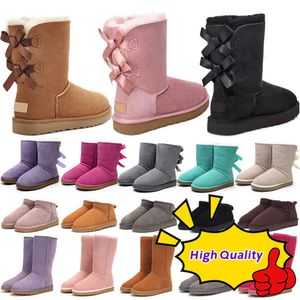 Designerstiefel Australien Hausschuhe Tasman Damen Plateau Winterstiefeletten Mädchen klassische Schneestiefel Knöchel kurze Schleife Mini Fell schwarz Kastanie rosa Bowtie Schuhe Größe 4 TKHD