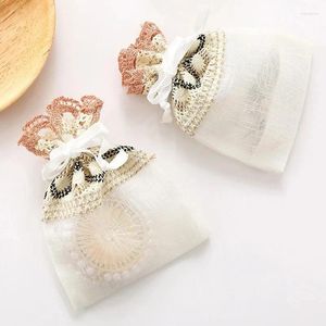 Gift Wrap 5st 10x14cm Beige Wave Lace Slub Garn Fold Bottom Drawstring Pocket Jewelry Bag Packaging Wedding Party Favor Påsar