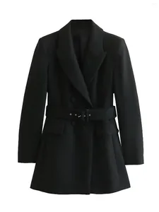Женские костюмы, женский модный длинный пиджак с поясом, пальто с винтажными рукавами, двубортные карманы, универсальная повседневная женская верхняя одежда, шикарные топы