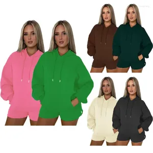 Mulheres Tracksuits Mulheres Tracksuit Duas Peças Set Manga Longa Com Capuz Moletons Pulôver Hoodies Cor Sólida Bolsos Calças Curtas Com Cordão