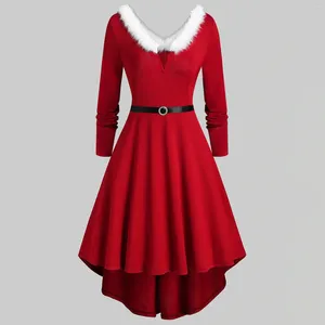 Abiti casual Donna Natale Pannello in finto peluche Manica lunga Colletto a V Abito da festa asimmetrico Temperamento elegante Altalena pieghettata rossa