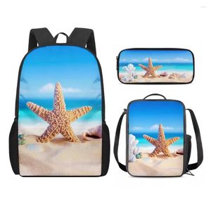 Mochila jovem animal estrela do mar golfinho 3d impressão 3 pçs/set estudante sacos de viagem portátil daypack almoço saco lápis caso