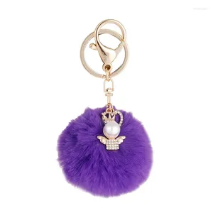 Keychains Fur Crystal Angel Heart Key Chain Fluffy Keychain Chaveiros Faux Hair Bulb Bag Car Ornament Ball Ring Gift