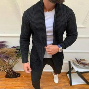 Suéter masculino outono inverno longo cardigans para homens de malha moda preto marinho cinza bege cor sólida jaquetas casuais casaco roupa