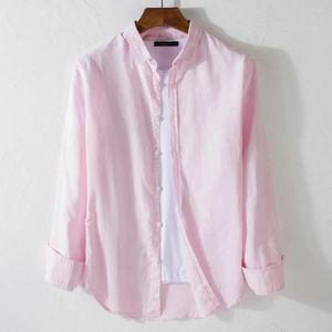 Camisas casuais masculinas moda coreana algodão linho elegante botão para baixo camisa para homens manga longa vestido de casamento rosa top