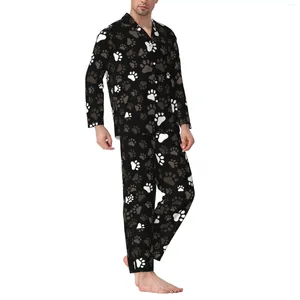 Conjunto de pijama masculino de manga comprida com estampa de cachorro e calça masculina de flanela de algodão e manga comprida