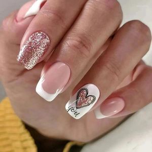 False Nails 24Pcs Heart White Fake Wearable Glitter Ballerina French Nail With Glue Square Short Tips Full Cover Press On