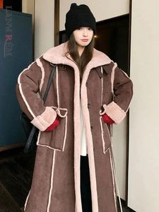 Женское меховое пальто LANMREM, винтажное длинное пальто из ягненка, женское контрастного цвета, свободная однобортная женская одежда, мода 2023, зима 23442