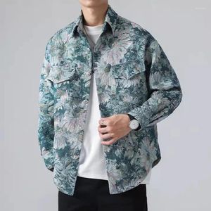 Jaquetas masculinas outono flor impressa chamarras para hombre streetwear tendência hip hop masculino camisas de carga moda botões até casual