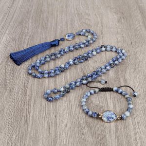 Collana Orecchini Set Bracciale in pietra naturale da 6 mm Vintage 108 Perline Mala Nappa Collane blu Meditazione Yoga Rosario Spirito Gioielli Regali