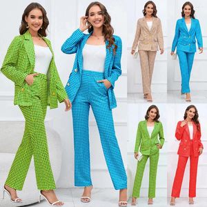 Women's Two Piece Pants Autumn And Winter Houndstooth Double Breasted Suit Suits For Women Blazer Slim Fit Straight Trousers Temperament