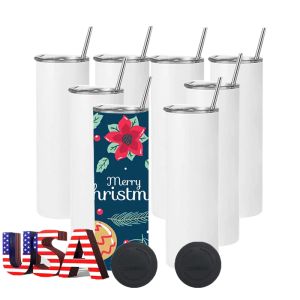 US/CA Stocked 20oz Paslanmaz Çelik Süblimasyon Boşluklar Tumbler 20 Oz Düz İnce Araç Kupaları Plastik Saman ve Kapaklı Noel Hediyeleri 1030