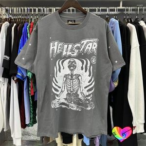 Mens T 셔츠 Hellstar 티셔츠 두개골 티 남자 여자 회색 지옥 별 상단 짧은 슬리브 캐주얼 느슨한