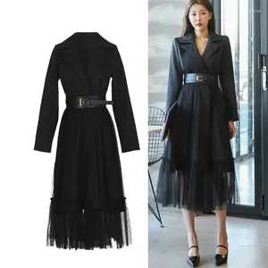 Sukienki swobodne mody pasa startowego kołnierza czarna midi długa sukienka liniowa z paskiem vintage elegancka siatka rąbek zimowa praca jesienna