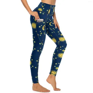 Women's Leggings Glod Moon Sexy Sun And Stars Print Push Up Yoga Pants Novelty Stretch Leggins With Pockets Custom Workout Sports Tights