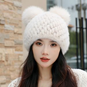 Inverno feminino quente real pele de vison chapéu de malha gorro elástico neve esqui ao ar livre earlaps boné