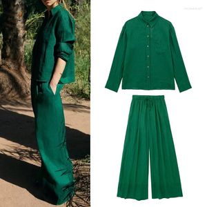 Women's Two Piece Pants Women Suit Linen Set Fashion Shirt And Pocket Design Female Trousers Ladies