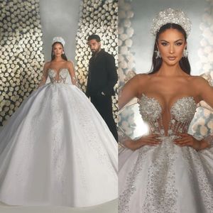 Sexy Strapless Wedding Dresses Ball Gown Sparkling Sequined Lace Pearls Beads Bridal Dress Custom Made Gowns