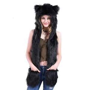 Scarves 3 In 1 Women Men Fluffy Plush Animal Wolf Leopard Hood Scarf Hat with Paws Mittens Gloves Thicken Winter Warm Earflap Bomber Cap 231030