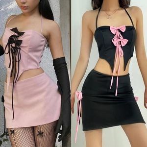 Work Dresses Womens 2 Piece Outfits Bow Halter Sleeveless Crop Top And Mini Skirt Set Summer Y2K Streetwear Clothing