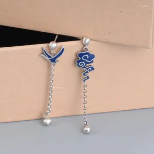 Dangle Earrings 925 Sterling Silver CertifiedTassel Long Sismmetric Women Chinese Ancient Cloud Wallow Enamel Drop Jewelry