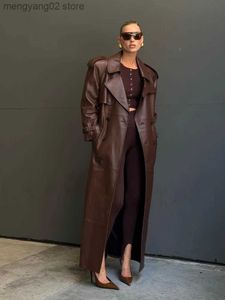 Women's Leather Faux Leather RR2790 X-Long Fake Leather Trench Coats Women Slim Belt Waist Back High Cut Up Long Sleeve Chocolate Faux Leather Jackets Women T231030