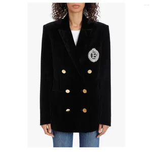 Damenanzüge Samt-Blazer für Damen, schwarze Jacke, Anzugkragen, schmal, goldfarben, zweireihig, luxuriös, langer Mantel, Blazer, Frau, hohe Qualität