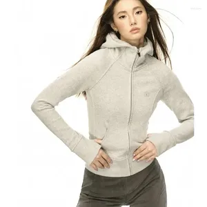 Kadın Hoodies American Vintage İnce Fit Kapşonlu Hırka Kadın Bahar Sonbahar Kısa Yoga Spor Parmak Kolları Fermuar Palto Sokak Giyim